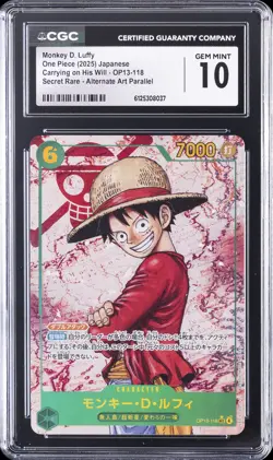2025 ONE PIECE JPN SUPER RARE ALT ART #OP13-118 MONKEY D. LUFFY CGC 10 GEM MINT - Image 1