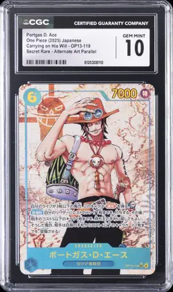 2025 ONE PIECE JPN SUPER RARE ALT ART #OP13-119 PORTGAS D. ACE CGC 10 GEM MINT - Image 1