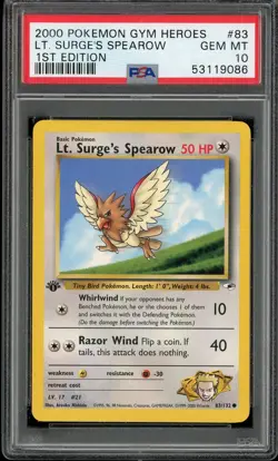 PSA 10 Lt. Surge's Spearow 1st Edition Gym Heroes 83/132 Pokemon Card - Image 1