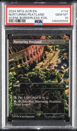 2024 MTG ASSASSIN'S CREED SCENE BORDERLESS-FOIL #114 NURTURING PEATLAND PSA 10 - Image 1