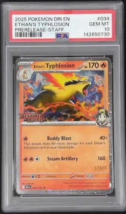 2025 POKEMON DESTINED RIVALS PRERELEASE STAFF ETHAN'S TYPHLOSION 34 PSA 10 - Image 1