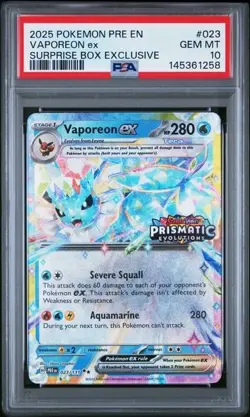 Pokemon Prismatic Evolutions Vaporeon ex 023/131 Surprise Box Stamped PSA 10 258 - Image 1
