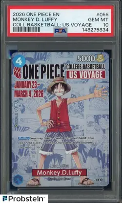 2026 One Piece EN College Basketball US Voyage #055 Monkey D Luffy PSA 10 - Image 1