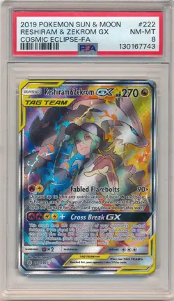 2019 POKEMON SUN & MOON COSMIC ECLIPSE FULL ART RESHIRAM & ZEKROM GX #222 PSA 8 - Image 1