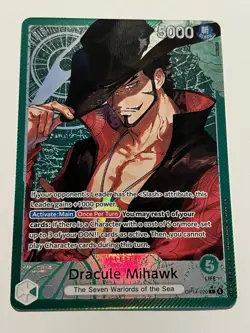One Piece OP14 The Azure Sea’s Seven - Dracule Mihawk OP14-020 Leader Alt Art - Image 1