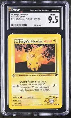CGC 9.5 MINT+ Lt. Surge's Pikachu Gym Challenge 1st Edition 84/132 Pokemon Card - Image 1