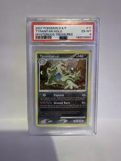 07 POKEMON DIAMOND & PEARL MYSTERIOUS TREASURES #17 TYRANITAR-HOLO PSA 6 🦶SWIRL - Image 1