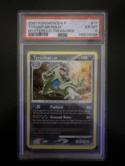 07 POKEMON DIAMOND & PEARL MYSTERIOUS TREASURES #17 TYRANITAR-HOLO PSA 6 🦶SWIRL - Image 3