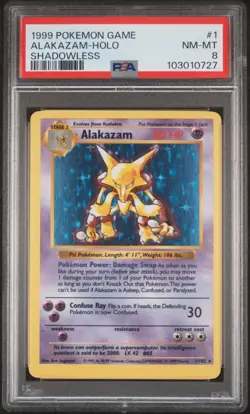 1999 POKEMON BASE SET SHADOWLESS #1 ALAKAZAM-HOLO PSA 8 WOTC - Image 1