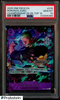2025 One Piece OP09-076 Roronoa Zoro Top 16 Regional Championship Card PSA 10 - Image 1