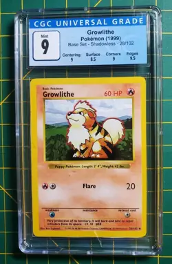 CGC 9 MINT Growlithe 1999 Base Set Shadowless 28/102 Pokemon Card WOTC - Image 1
