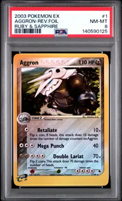2003 POKEMON EX RUBY & SAPPHIRE #1 AGGRON-REVERSE FOIL PSA 8 - Image 1