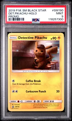 2019 POKEMON SM BLACK STAR PROMO #SM190 DETECTIVE PIKACHU-HOLO PSA 9 - Image 1