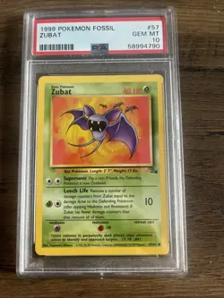 1999 Pokemon Fossil Zubat #57 PSA 10 GEM MINT - Image 1