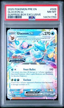 2025 POKEMON PRE EN-PRISMATIC EVOLUTIONS SURPRISE BOX EXCLUSIVE GLACEON EX PSA 8 - Image 1