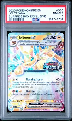 2025 POKEMON PRE EN-PRISMATIC EVOLUTIONS SURPRISE BOX EXCLUSIVE JOLTEON EX PSA 8 - Image 1