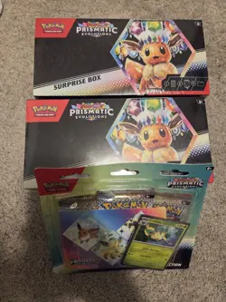2 Pokemon Prismatic Evolutions Surprise Box New Sealed + Prismatic Tech Sticker - Image 1