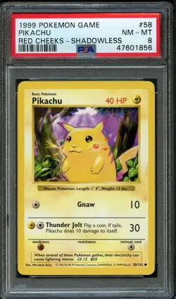 Pokemon TCG - Pikachu Red Cheeks 58/102 Base Set Shadowless PSA 8 Near Mint - Image 1