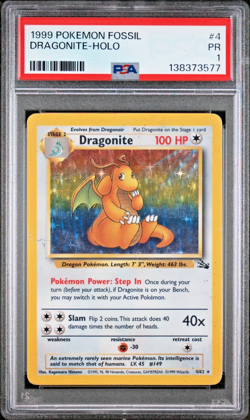 PSA 1 PR 1999 Pokemon Fossil Dragonite Holo 4/62 Holo Foil WOTC Unlimited - Image 1