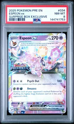 2025 POKEMON PRE EN-PRISMATIC EVOLUTIONS SURPRISE BOX EXCLUSIVE ESPEON EX PSA 8 - Image 1