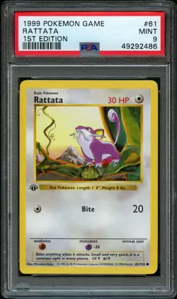 1999 Pokemon - 1st Edition Shadowless Rattata Base Set 61/102 - PSA 9 Mint WOTC - Image 1