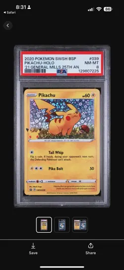 2020 Pokemon SWSH Pikachu Holo General Mills 25th Anniversary PSA 8 NM-MT #039 - Image 1
