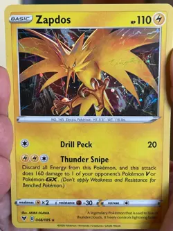POKEMON ZAPDOS 048/185 RARE COSMOS HOLOFOIL WITH HD SWIRL VIVID VOLTAGE NM CARD - Image 1