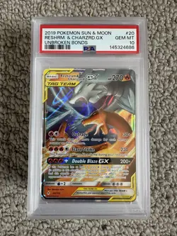 2019 POKEMON SUN & MOON UNBROKEN BONDS #20 RESHIRAM & CHARIZARD GX PSA 10 - Image 1