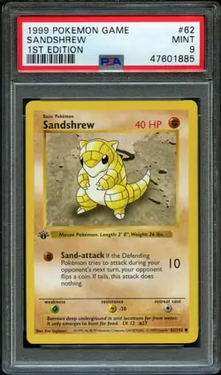 1999 Pokemon 1st Edition Shadowless Sandshrew Base Set #62 - PSA 9 Mint - Image 1