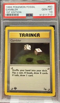 1999 POKEMON FOSSIL 1ST ED #60 GAMBLER PSA 10 - Image 1