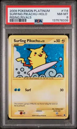 Rising Rivals Surfing Pikachu Holo 2009 Pokemon Platinum #114/111 PSA 8 New Cert - Image 1