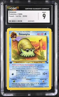 CGC 9 MINT Omanyte 1999 Fossil 1st Edition 52/62 Pokemon Card - Image 1