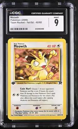 CGC 9 MINT Meowth 2000 Team Rocket 1st Edition 62/82 Pokemon Card - Image 1