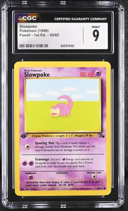 CGC 9 MINT Slowpoke 1999 Fossil 1st Edition 55/62 Pokemon Card - Image 1