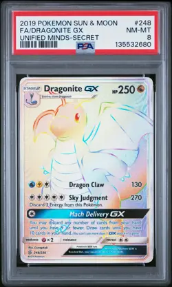 2019 POKEMON SUN & MOON UNIFIED MINDS SECRET #248 FULL ART/DRAGONITE GX PSA 8 - Image 1