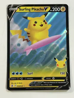 Pokemon TCG Surfing Pikachu V Celebrations Ultra Rare Holo 008/025 2021 Card NM - Image 1