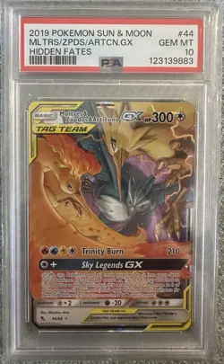 2019 Pokemon Sun & Moon Moltres Zapdos Articuno GX Hidden Fates 44/68 PSA 10 - Image 1