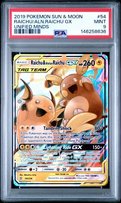 PSA 9 Raichu & Alolan Raichu GX 54/236 Unified Minds Tag Team Pokemon 54/236 - Image 1