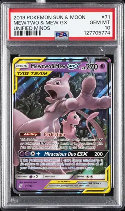 2019 POKEMON SUN & MOON UNIFIED MINDS #71 MEWTWO & MEW GX PSA 10 - Image 1