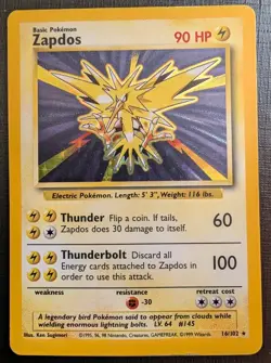 Pokemon Zapdos Holo Card 16/102 Unlimited Edition 1999 Base Set HP - Image 1