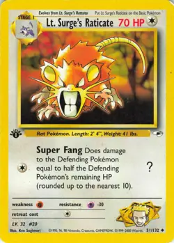 Lt. Surge's Raticate - 1st Edition - 51/132 Gym Heroes - Pokemon TCG - 2000 - Image 1