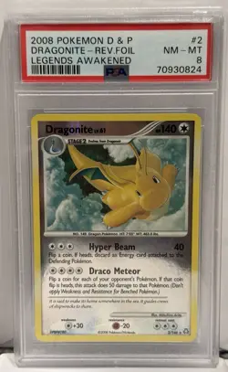 2008 Pokemon D&P Dragonite Reverse Holo Foil Legends Awakened #2 PSA 8 NMMT - Image 1
