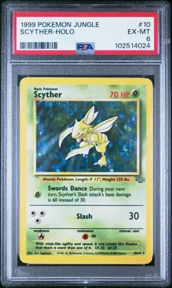 PSA 6 Scyther Pokemon Card Holo WOTC 10/64 Jungle Set Rare Vintage 1999 EX-MT - Image 1