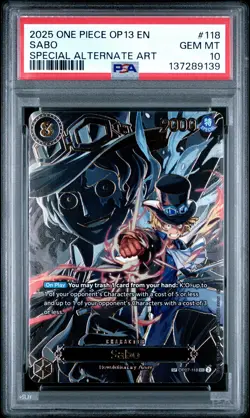2025 ONE PIECE OP13-CARRYING ON HIS WILL SPECIAL ALTERNATE ART #118 SABO PSA 10 - Image 1