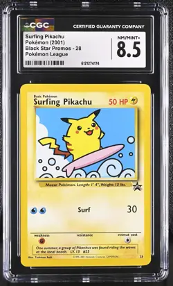 CGC 8.5 Surfing Pikachu 2001 Black Star Promos 28 Pokemon League Pokemon Card - Image 1