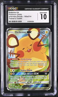 CGC 10 Dedenne Gx 195a/214 Trainer's Toolkit Unbroken Bonds Pokemon - Image 1