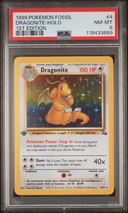 1999 Pokemon Fossil 1st Edition Dragonite Holo #4 | PSA 8 NM-MT - Image 1