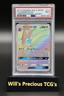 PSA 9 Venomoth 216/214 Sun & Moon Unbroken Bonds 2019 Rainbow Secret Pokemon - Image 1