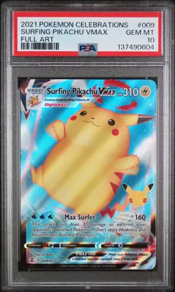 2021 POKEMON CELEBRATIONS #009 FULL ART/SURFING PIKACHU VMAX PSA 10 - Image 1