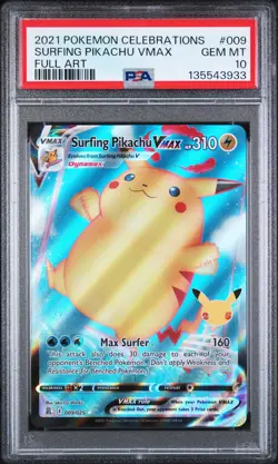 2021 POKEMON CELEBRATIONS #009 FULL ART/SURFING PIKACHU VMAX PSA 10 - Image 1